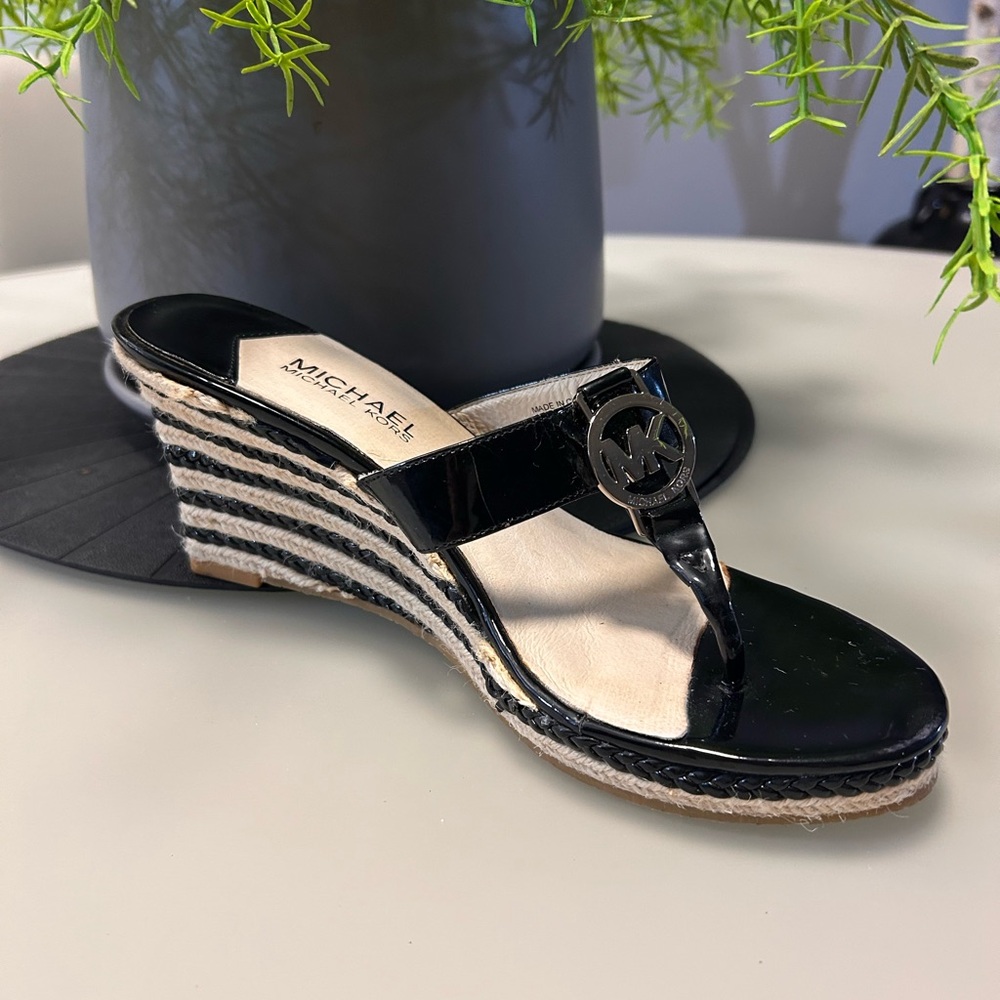 Michael Kors Black Patent Espadrille Wedge Thong Sandals